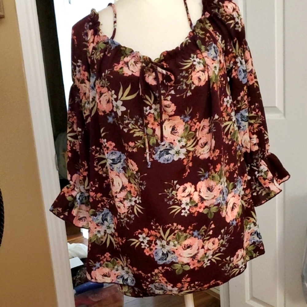 Free Kisses Floral Blouse - Burgundy and Blue. Off The Sholder